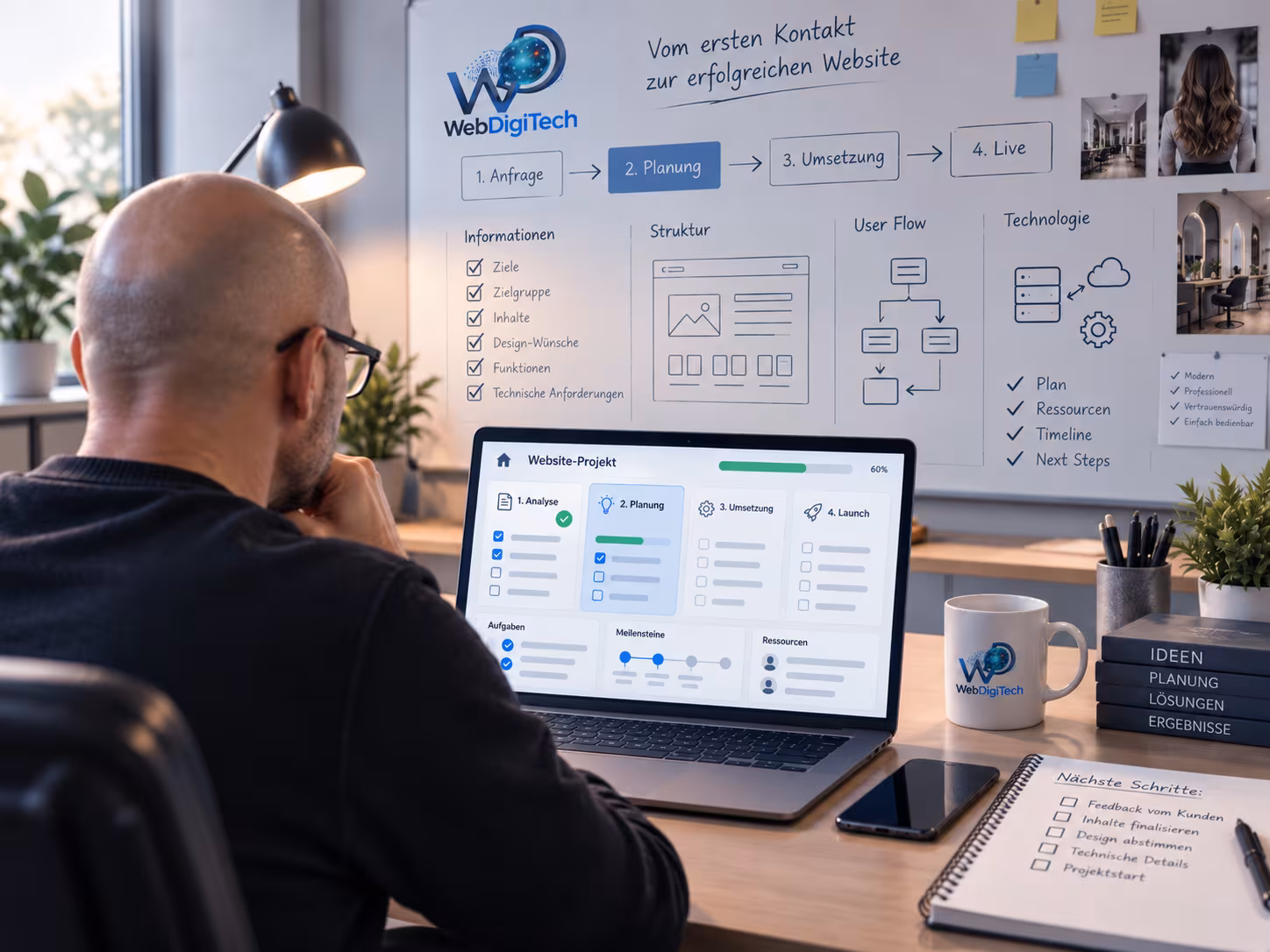 WebDigiTech sammelt Anforderungen und strukturiert die Projektplanung mit Checklisten und Abläufen.