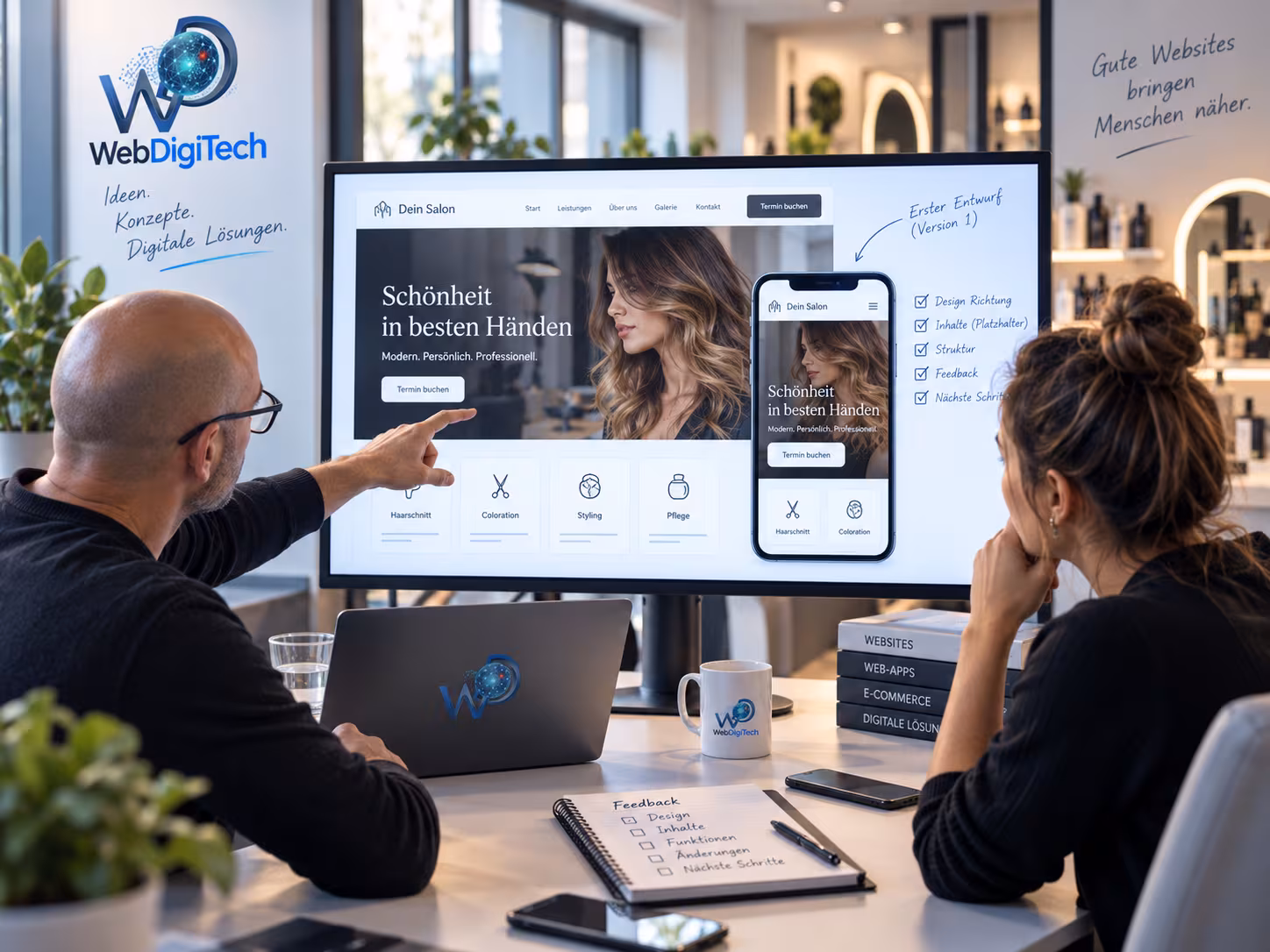 WebDigiTech präsentiert dem Kunden den ersten visuellen Entwurf und das vorbereitete Demo.