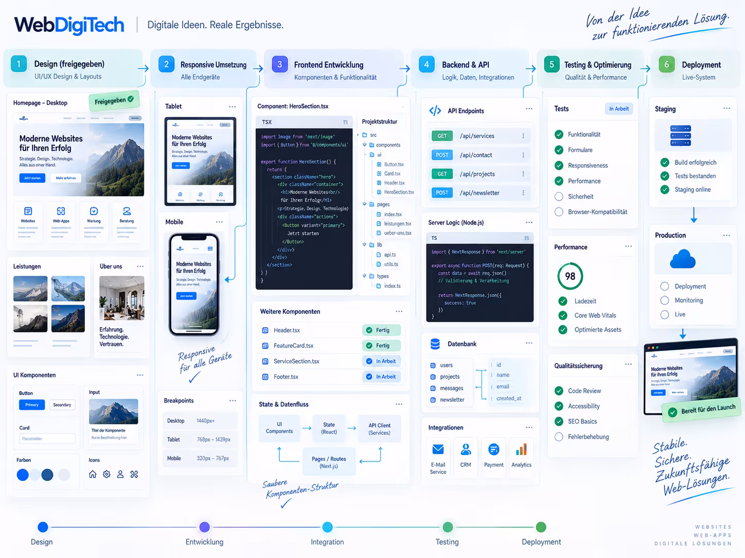 Digitales Entwicklungsboard mit UI-Entwürfen, Code und technischen Komponenten der Umsetzung.