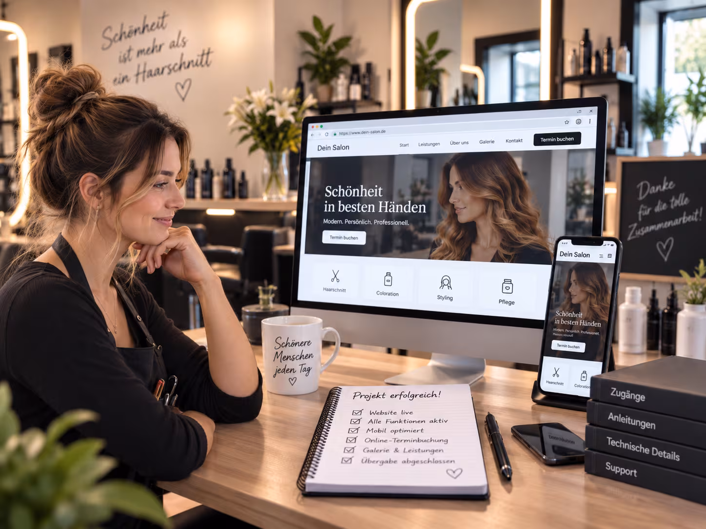Zufriedener Kunde nutzt nach dem Go-live die fertiggestellte Website in seiner Arbeitsumgebung.
